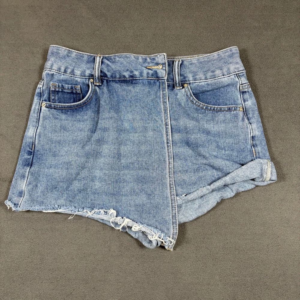 Fashion Nova Denim Skort Womens M Blue Asymmetrical Raw Hem Distressed JSSH7